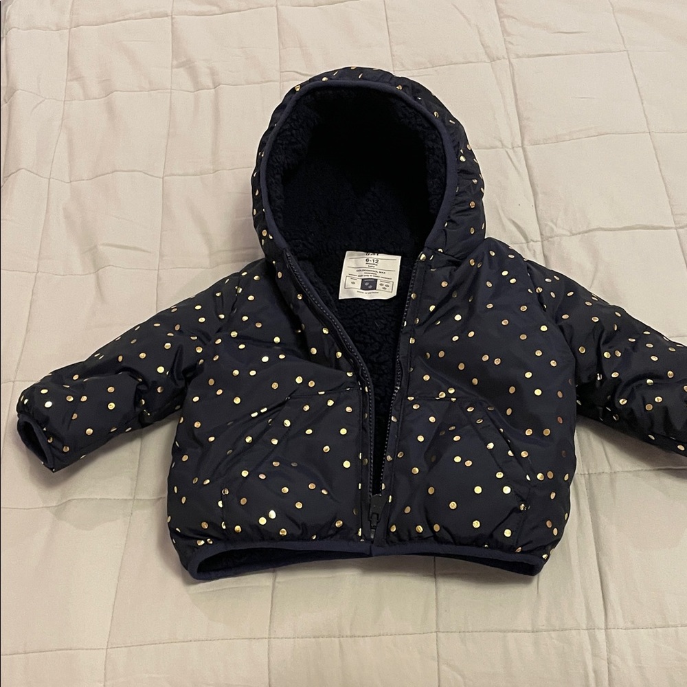 Baby Gap - like new Navy Hooded Jacket with Gold Polka Dots